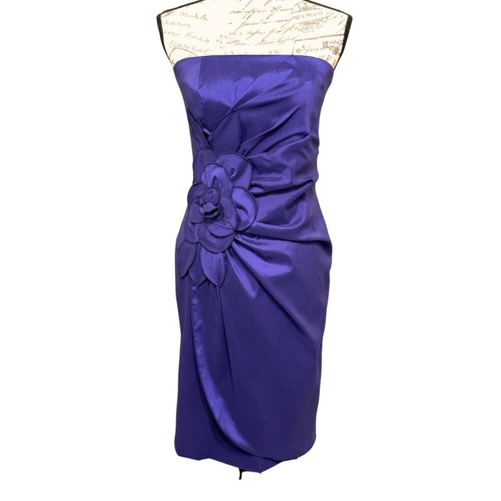 Vintage Joseph Ribkoff Satin Strapless Sheath Dress Size US 6 Purple 3D Flower